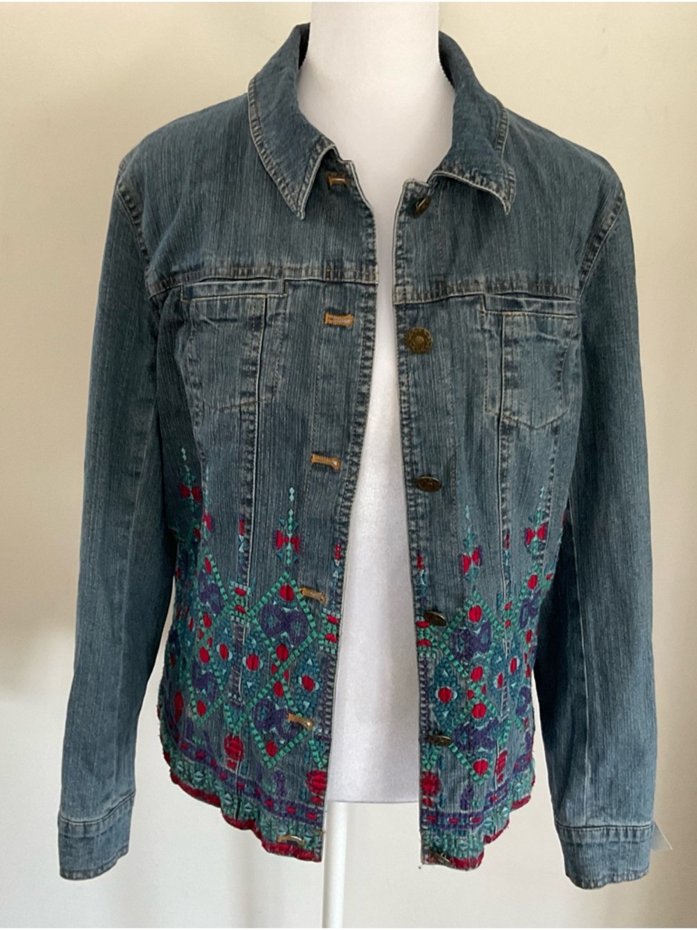 Coldwater Creek Blue Denim Jacket with Red & Teal Embroidery